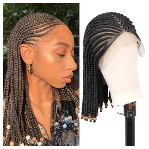 Lexqui 14" Short Bob Lace Braided Wigs for Women Cornrow Box Braid Wig with Beads Handmade Black Full Double Lace Braiding Hair Wig Natural Middle Part Synthetic Lace Front Braids Wigs Hairstyles