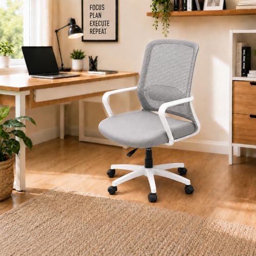 Image of Office Arm Chair with Frame, Mesh Back, Nylon Base, and Adjustable Handle, Cushion Fabric (Robo Chair-Black&White)