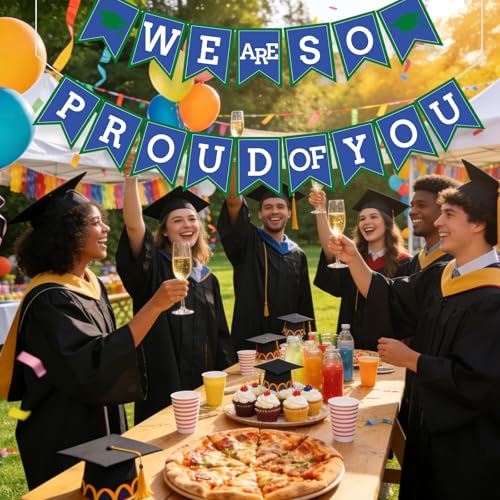 Image of Blue Green We Are So Proud Of You Banner Congrats Grad Cap Bunting Flag Grad Party Decoration Idea