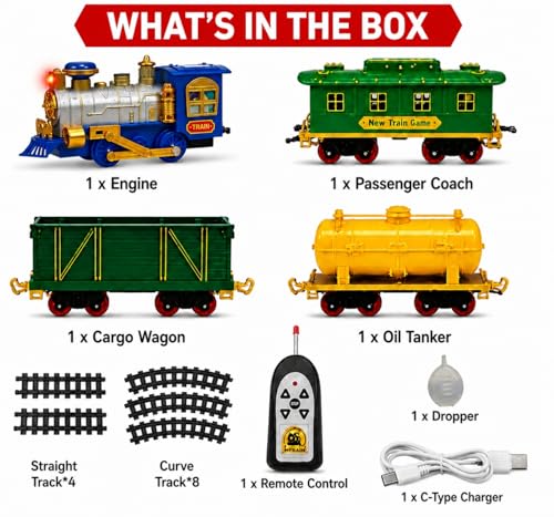 Image of R /C Train Set for Boys with Real Smoke, LED Lights & Music | 2.4GHz Remote Control Toy Train with Engine, Passenger Coach, Tanker Wagon, 12 Track Pieces, C-Type Charging & Water Dropper