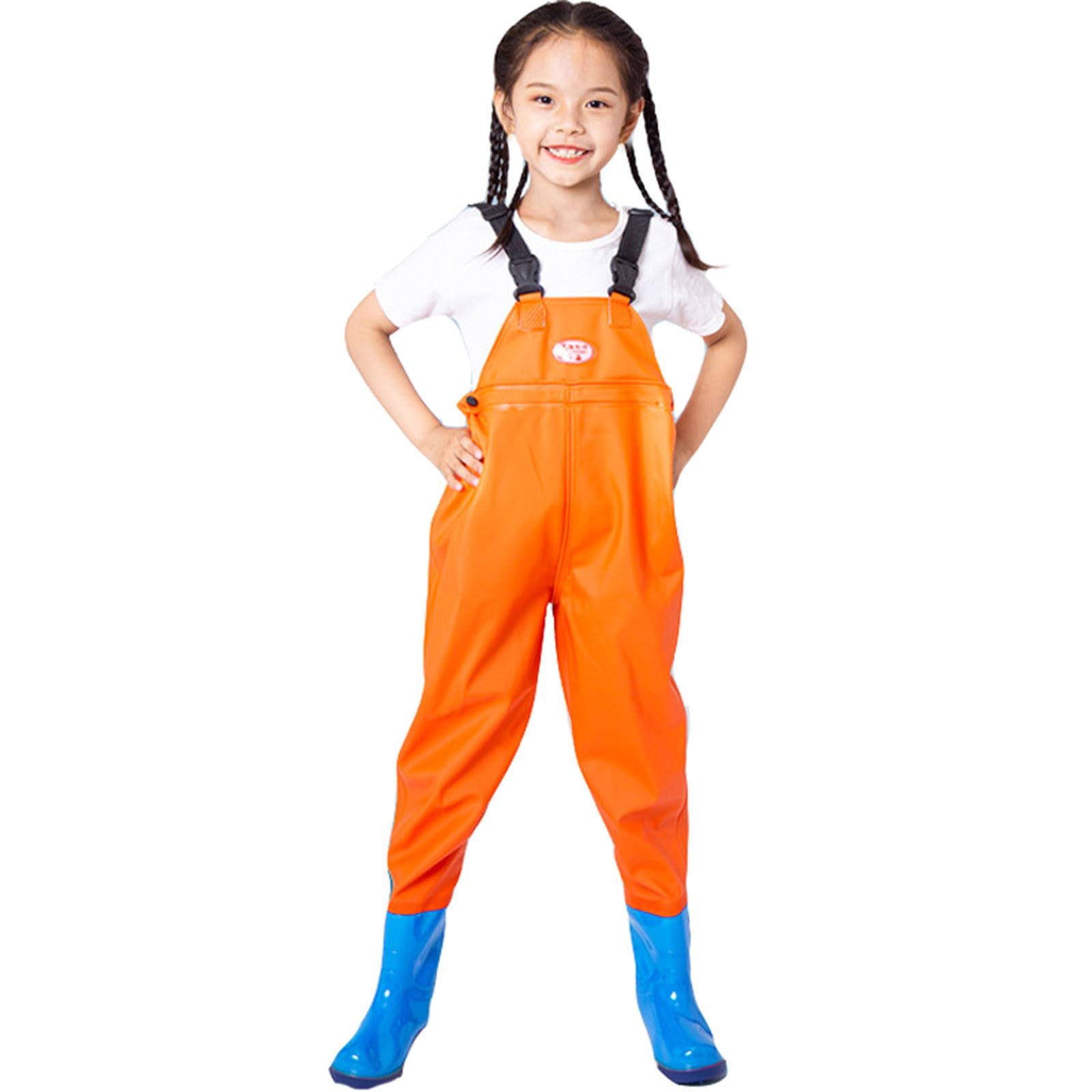 Kids Chest Waders with Pockets for Boys Girls Youth Fishing and Hunting, Waterproof Neoprene with Attached Boots, Toddler to Children Sizes 2-7 Years (Orange, 4-5 Years)