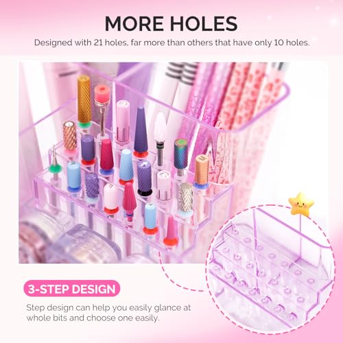Image of MelodySusie Nail Drill Holder, 21 Holes Nail Drill Bits Holder, Professional Acrylic Nail Tools Storage Box, Organizer Displayer for Manicure Efile Accessories Nail Drill Kit, Salon Home, Light Purple