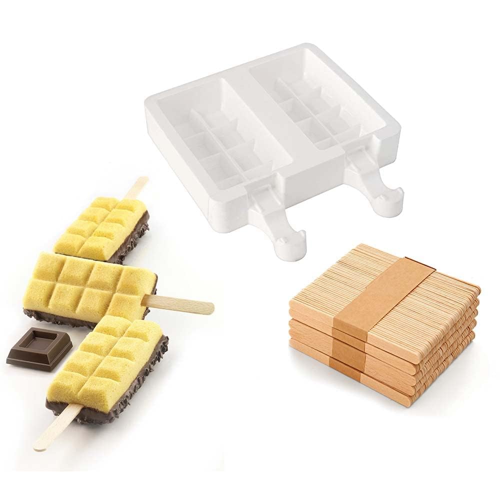 Silikomart | Juego de 3 Kit Moldes de Silicona para Helados GEL02 Chocostick, 2 Moldes de Silicona + 50 Palitos y Recetario, Antiadherente, Easy Ice Cream, 92x48x24 mm, 180 ml, Fabricado en Italia