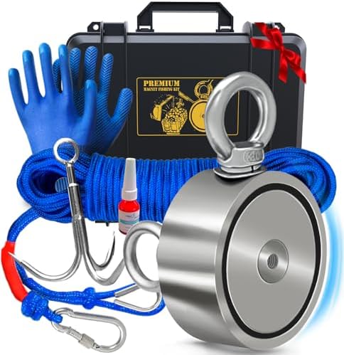 Logui Projects 1200 LB Magnet Fishing Kit with Case - 2 Fishing Magnets in 1 (Double Sided Magnet) - with Grappling Hook, Heavy Duty 65FT Rope, Gloves, Carabiner and Foldable Bucket.