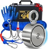 Logui Projects 1200 LB Magnet Fishing Kit with Case - 2 Fishing Magnets in 1 (Double Sided Magnet) - with Grappling Hook, Heavy Duty 65FT Rope, Gloves, Carabiner and Foldable Bucket.