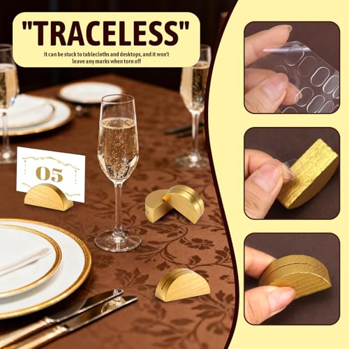 Image of 24Pcs Gold Wood Table Number Stands 1.57 In Wood Place Card Holders | Include Traceless Adhesive Stickers, Semicircular Design Place Card Holders for Wedding, Ceremony, Bi