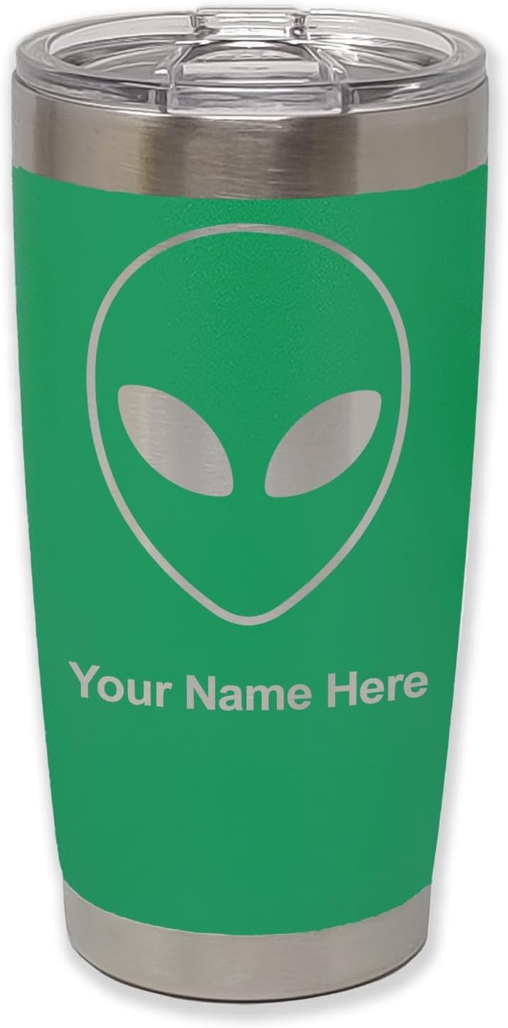 LaserGram Personalized 20oz Tumbler, Alien Head (Green)