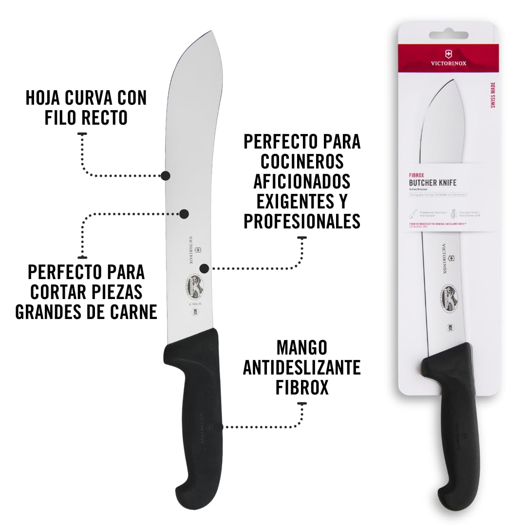 Victorinox Fibrox Cuchillo de carnicero, cuchillo largo para trocear grandes piezas de carne, 25 cm, hoja curva, afilado, acero inoxidable, negro