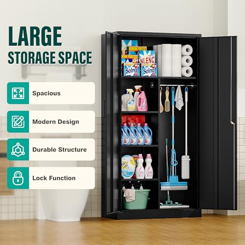 Image of Wide & Deep Metal Storage Cabinet with Hanging Rod,Black Broom Closet Storage Cabinet with Lock,72 inch Tall Wardrobe Cabinets with Doors and Shelves,Locking Steel Tool Cabinets for Home,Office,Garage