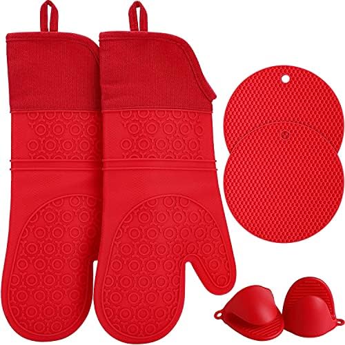 QUWIN Oven Mitts Set, Heat Resistant with Mini Oven Gloves and Hot Pads Potholders, Non-Slip Food Grade Long Oven Mitts for Kitchen Baking Cooking (6-Piece Set- Red)