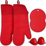QUWIN Oven Mitts Set, Heat Resistant with Mini Oven Gloves and Hot Pads Potholders, Non-Slip Food Gr
