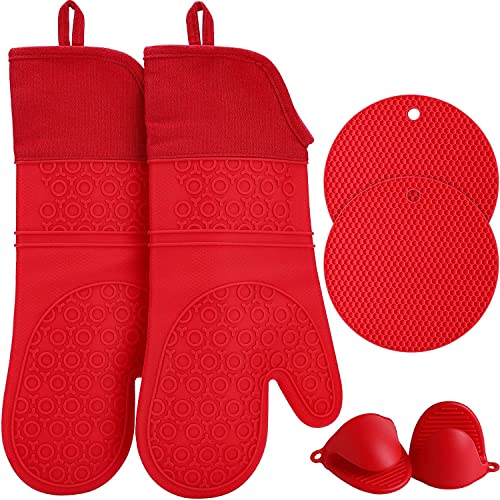 Quwin Oven Mitts Set, Heat Resistant With Mini Oven Gloves And Hot Pads Potholders, Non-Slip Food Grade Long Oven Mitts For Kitchen Baking Cooking (6-Piece Set- Red) #TOP1