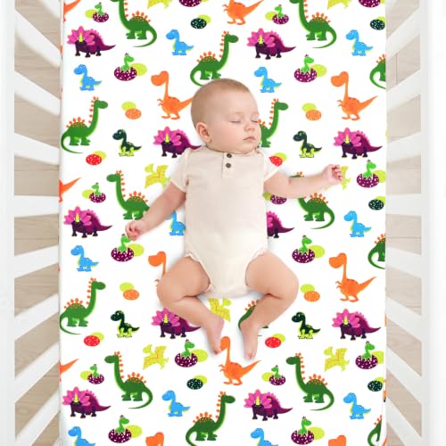 Image of JISEN Baby Fitted Crib Sheets for Boys Girls 52x28 Inch Dinosaurs