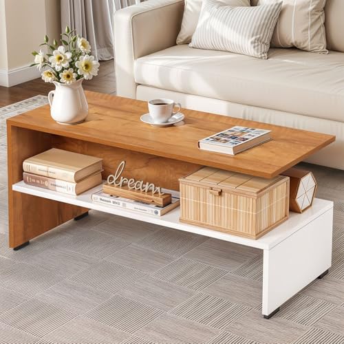 Image of ABOUT SPACE Coffee Table - Portable Wooden Centre Table with Partition Storage - DIY Furniture - Sofa Tea Poyee for Living Room, Home, Office (White & Teak - L 90 x B 40 x H 43 cm)