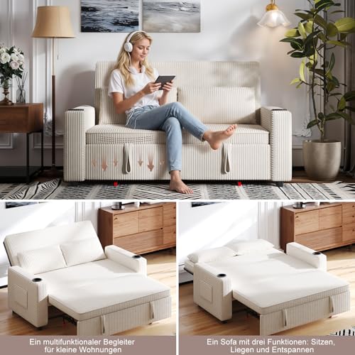 JUMMICO Schlafsofa 2 Sitzer klein Sofa mit Schlaffunktion Schlafcouch Ausziehbar mit Kissen Couch Cord-Bezug mit Getränkehalter Klappsofa Für Wohnzimmer Schlafzimmer,69 x 141 x 88 cm,Beige