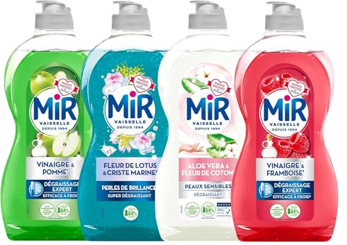 Lot de 4 Liquides Vaisselle MIR 450ml – Vinaigre & Framboise, Vinaigre & Pomme, Aloe Vera & Fleur de Coton, Fleur de Lotus & Criste Marine – Parfumés, Écologiques, Doux pour les mains