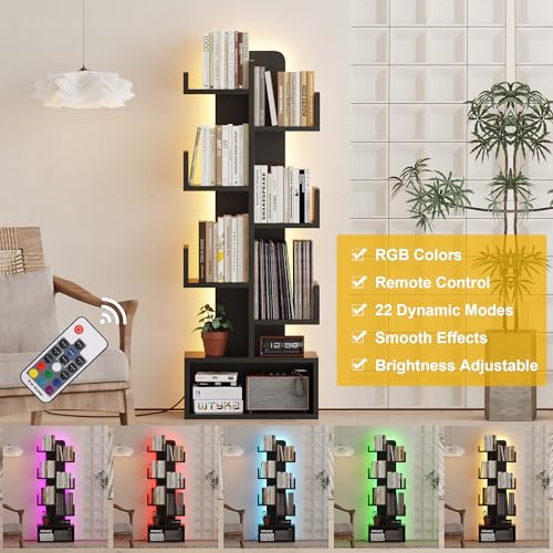 Image of Qupui 6-Tier LED Bookshelf, 47 inch Tall Cactus Corner Bookcase, Black | RGB 22 Modes 6 Brightness Levels. Cactus-inspired Tree Design. Engineered Wood. 6 Shelves Hold 5-10 Books Each. For Bedroom