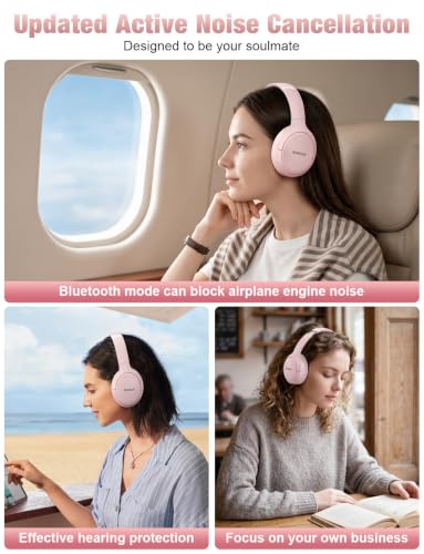 Image of RUNOLIM Hybrid Active Noise Cancelling Headphones, Wireless Over Ear Bluetooth Headphones with Microphone, 100H Playtime, Foldable Headphone with HiFi Audio, Deep Bass for Home Travel Office(Pink)