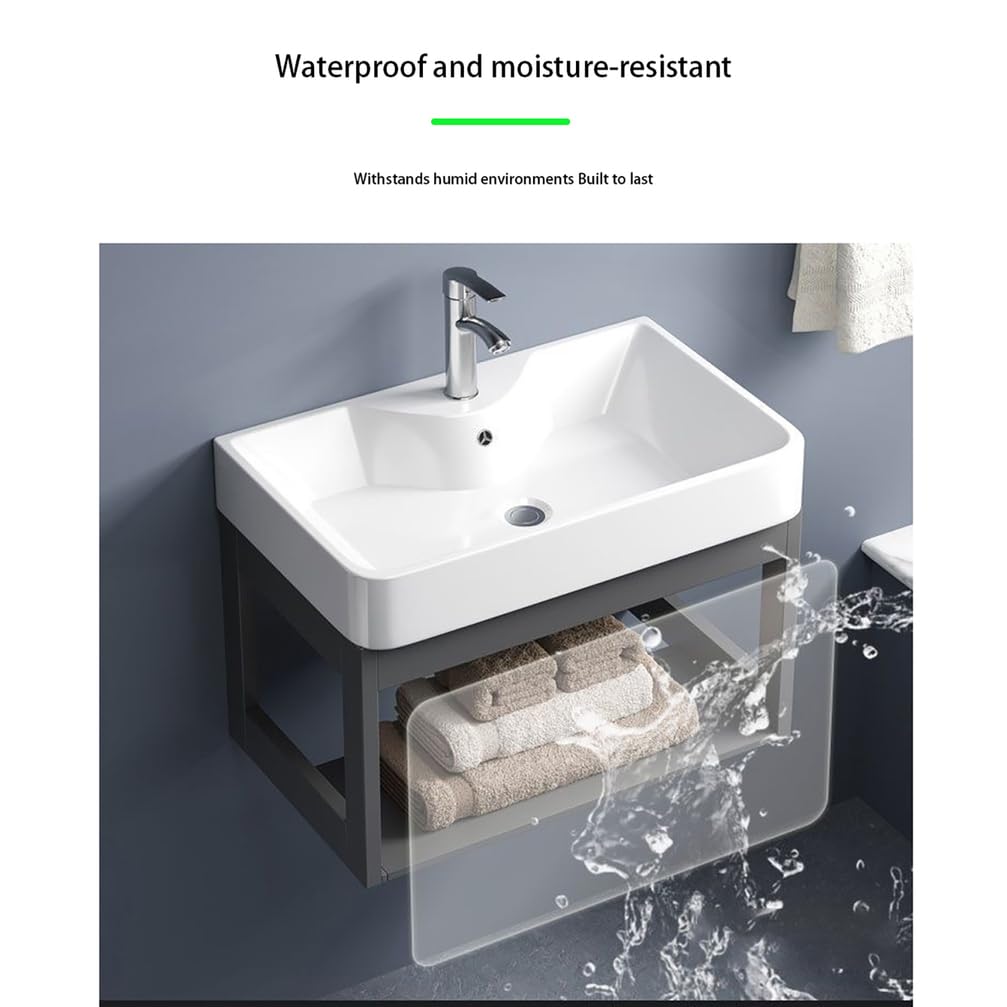 Umywalka łazienkowa montażu na ścianie z metalową półką Nowoczesne ceramiczne umywalki wiszące Biała prostokątna umywalka z przelewem Mała umywalka do domu,White,L48*H36*W36