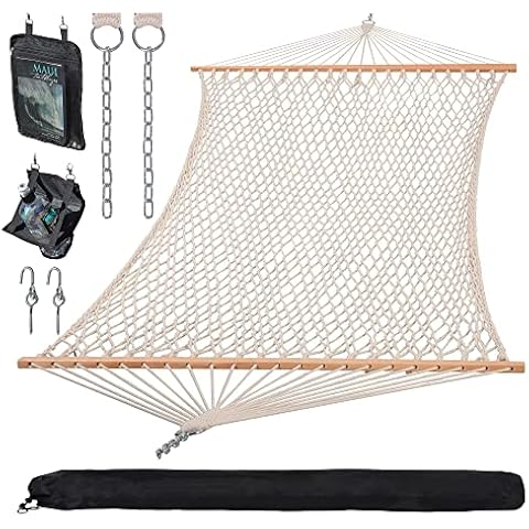 SUNCREAT Hammocks Traditional Rope Double Hammock with Hardwood Spreader Bar and Carrying Bag, 450 lbs Capacity, Natural Cover