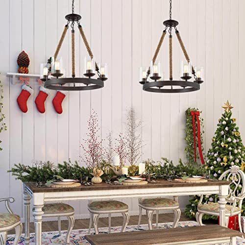 Lnc Farmhouse Chandelier, Round Wagon Wheel 6-Light Fixture With Clear Glass Shades For Dining Room, Living Room, Bedroom, Kitchen Island And Foyer #TOP6