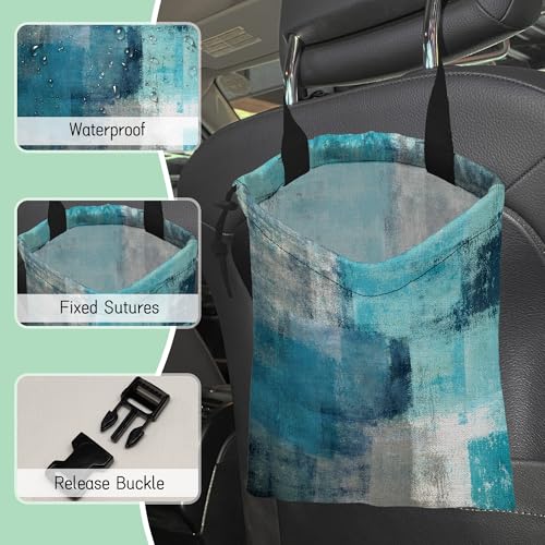 Image of Abstract Art Car Trash Bag,Turquoise and Grey Hanging Drawstring Car Garbage Bag,Waterproof Canvas Car Back Seat Organizer with Adjustable Buckle,for Vehicles,SUVs,Camping,Road Trips