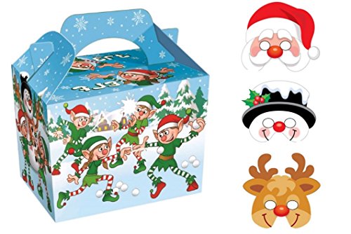 Childrens Kids Christmas Party Food Boxes Each with a Fun Xmas Foam Face Mask (Naughty Elf, 15 Boxes & 15 Masks)