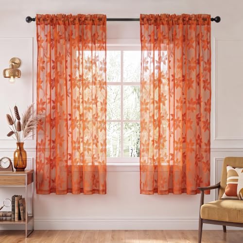 DWCN Fall Floral Lace Sheer Curtains - 63 inches Rod Pocket Window Voile Sheer Drapes for Bedroom Kitchen 60 x 63 inch Length, Set of 2 Curtain Panels, Burnt Orange