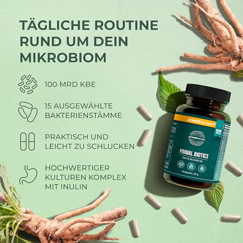 Primal Harvest ® Biotics - 2 Pack -60 Kapseln - 15 Bakterienstämme - 100 Mrd KBE + Inulin und Lebendkulturen - Laborgetestet - Magensaftresistente Kapseln
