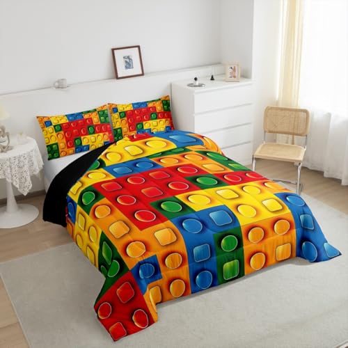 Image of Feelyou Toddler Building Blocks Comforter Set King Size Kids Toy Brick Comforter for Boys Teens Games Bedding Set Breathable Colorful Duvet Set Room Decor Quilt Set