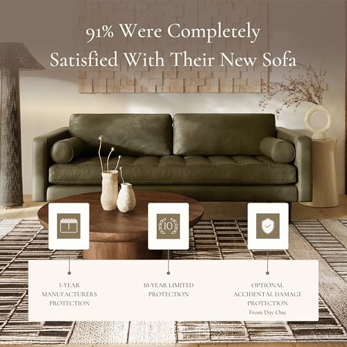 Image of Poly & BARK Napa 88.5 inch Leather Sofa - Full-Grain Italian-Tanned Aniline Leather, Feather-Down Comfort, Solid Wood Frame, Walnut Legs, Olivine Green