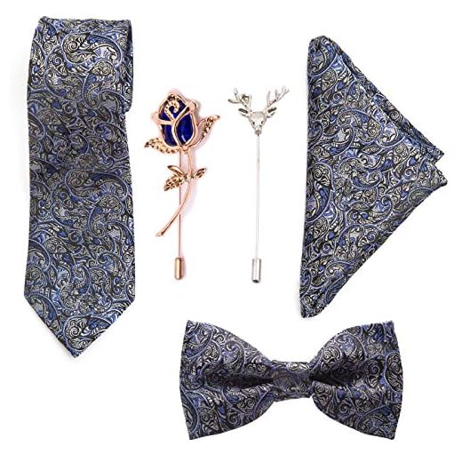 To The Nines Men's Silk Cotton Pocket Square, Bow Tie and Lapel Pins (Blue)