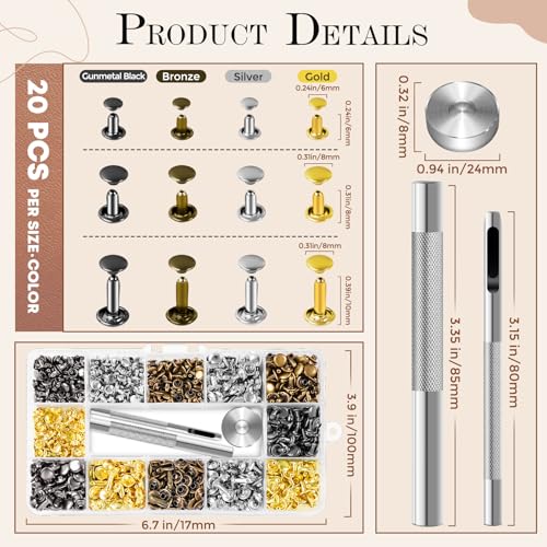 240 Sets Leather Rivets Kit, Double Cap Brass Rivets Leather Studs with 3PCS Setting Tools for Leather Repair and Crafts, 4 Colors and 3 Sizes