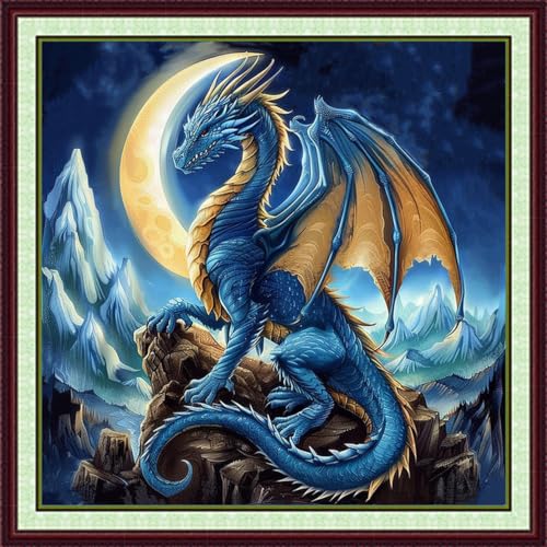 Image of Foxhool Stamped Cross Stitch Kits,11CT Printed Cross Stitch Pattern Full Embroidery Kits for Beginner Needlepoint Kits-Moon Blue Winged Dragon 18x18 inchs
