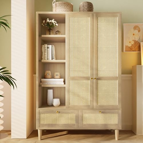 Armario con 2 puertas y mimbre trenzado, estilo rústico, aspecto de roble, estante abierto, estantería, barra para ropa, 2 cajones, cierre de seguridad, 180 x 120 x 50 cm (alto x ancho x profundidad
