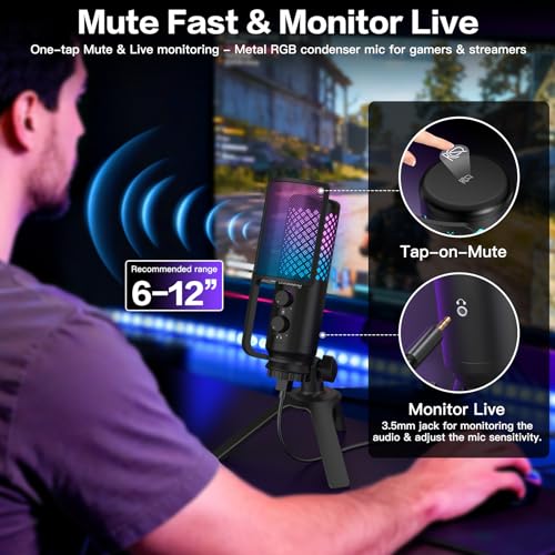 ZealSound Podcast Microphone for PC/Mac/iPhone/Phone – 96kHz/24bit USB Condenser Mic with Noise Reduction, Tap-to-Mute, Gain Control, Zero-Latency Monitor, RGB Light for Streaming, Gaming, Recording