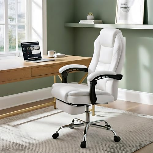Sedia da ufficio ergonomica Castle con poggiapiedi integrato, poltrona da scrivania imbottita in ecopelle, girevole e regolabile, Colore:bianco - Sedia gaming - Immagine 1