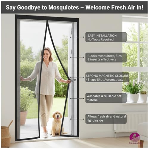 Image of Divayanshi Pro Mosquito Net for Door 100x210 cm | Magnetic Fly Mesh Curtain | Fiberglass Polyester Insect Screen | Auto Closing Hands-Free Mosquito Net with Self Adhesive Hook Tape - Black