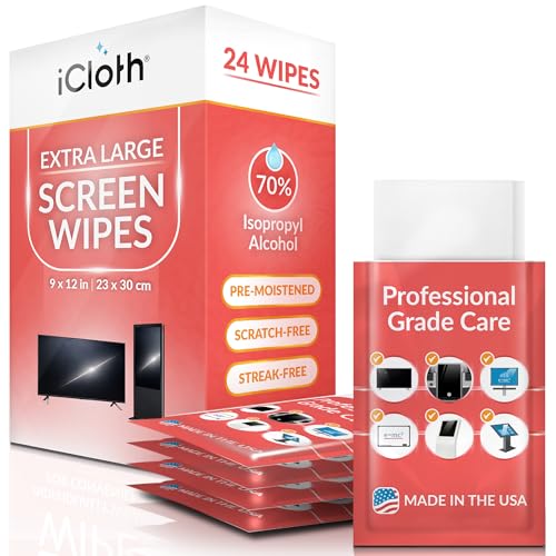 iCloth XL Wipe - 9x12 Inch Electronics Cleaning Wipe 70% Isopropyl Alcohol Individually Sealed - Streak-Free Lint-Free Restores Optical Clarity - TV Monitor Laptop (24 Wipes)
