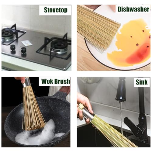 Image of 4 Pack Bamboo Pot Brush, Wok Cleaning Brush for Dishes, Pans, Cast Iron (Wooden-Lanyard)