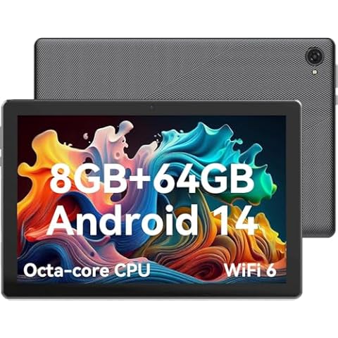 Jeazans Lastest 2024 Android Tablet, 10.1 inch Tablets with 1280 * 800 IPS HD Touchscreen, Octa-Core Processor, 8GB RAM 64GB ROM, 1TB TF Card Expandable, Widevine L1, Face ID, Wi-Fi 6, Fast Charging Cover