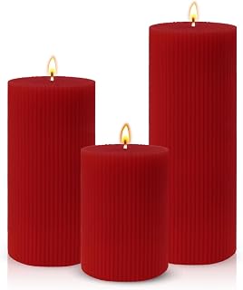 3-Pack Red Ribbed Pillar Candles – Elegant Handmade Fat Candles for Home & Events, 3" D, 4"/6"/8" H, Dripless and Long Burning