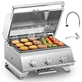 COWSAR Portable 3-Burner Table Top Gas Grill with Griddle, Stainless Steel BBQ Propane Grill, Flat Top Grill with Lid for Outdoor Cooking Camping or Tailgating, 24,000 BTU