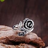 Unique Ladies Rose Ring with Black Zircon Elegant 925 Sterling Silver Adjustable Ring Vintage Promis