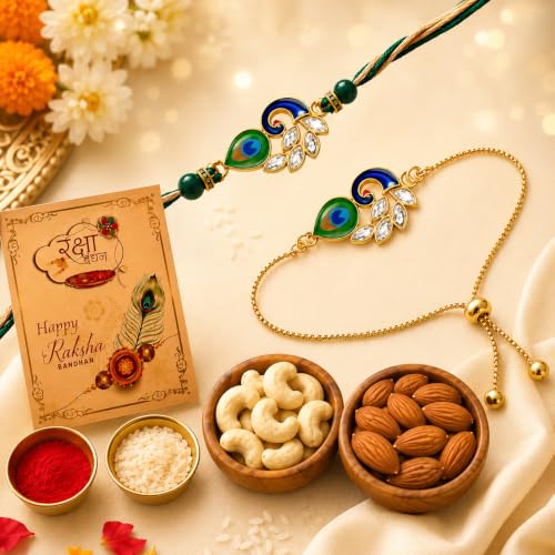 Image of AWANI TRENDS Rakhi Hamper with Dry Fruits | 1 Rakhi and 1 Braclet | 50g Almonds | 50g Cashews | Greeting Card & Roli Chawal | Premium Raksha Bandhan Gift