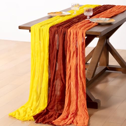 Image of Cheesecloth Table Runner Fall Boho 3pcs Mix and Match Wedding Decor | Terracotta Orange Yellow Rustic Gauze 10FT Cheese Cloth Sheer Farmhouse Runner for Wedding Party Holiday Decorations