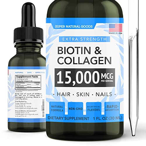 Liquid Biotin Collagen Drops - Made in USA - 1 Fl Oz - Supports Healthy Skin, Stronger Nails & Hair Growth for Men & Women - Biotin & Collagen Hair Growth Supplements by Super Natural Goods