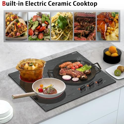 Image of Karinear 24'' Electric Cooktop 3 Burners Ceramic Cooktop,Built-in Electric Stove Top with Beautiful Wooden Pattern, Knob Control, Over-Temperature Protection, 220-240v, 5700W, Hard Wire (No Plug)