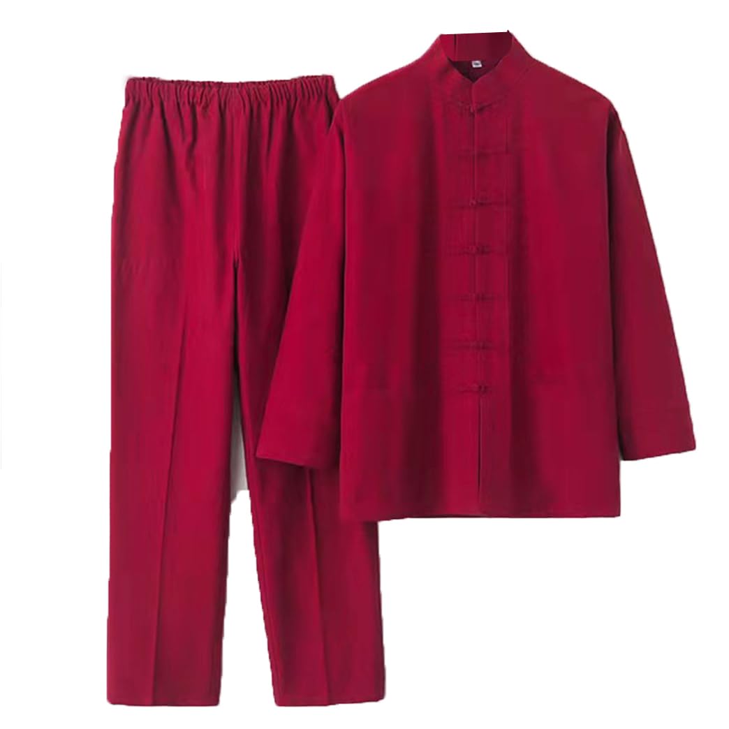 ZHOUXIAO Puro Cotone Tai Chi Uniforme Uomo Kung Fu Abbigliamento Manica Lunga Abiti Tradizionali Cinesi, Abbigliamento da Sizetang Ampi Giacche di Pantaloni Hanfu Giacche Mar Red-XL