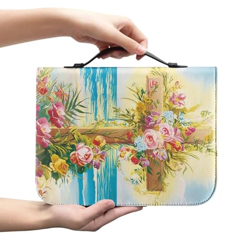 Case Bible Covers for Women Men with PU Leather Bible Covers with Handle and Zippered Pocket for Study Beach Rose Cross